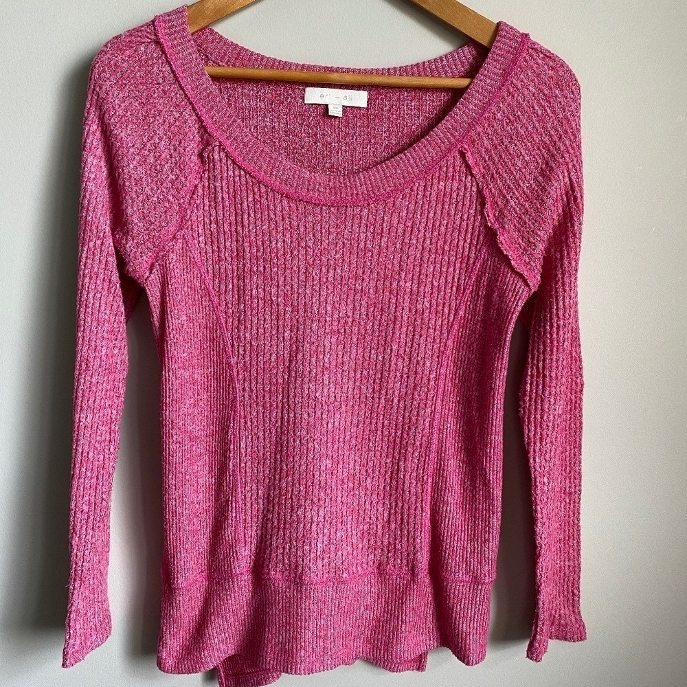 eri + ali Waffle Knit Thermal Top Womens XS Pink Boho Casual Relaxed Scoop Neck